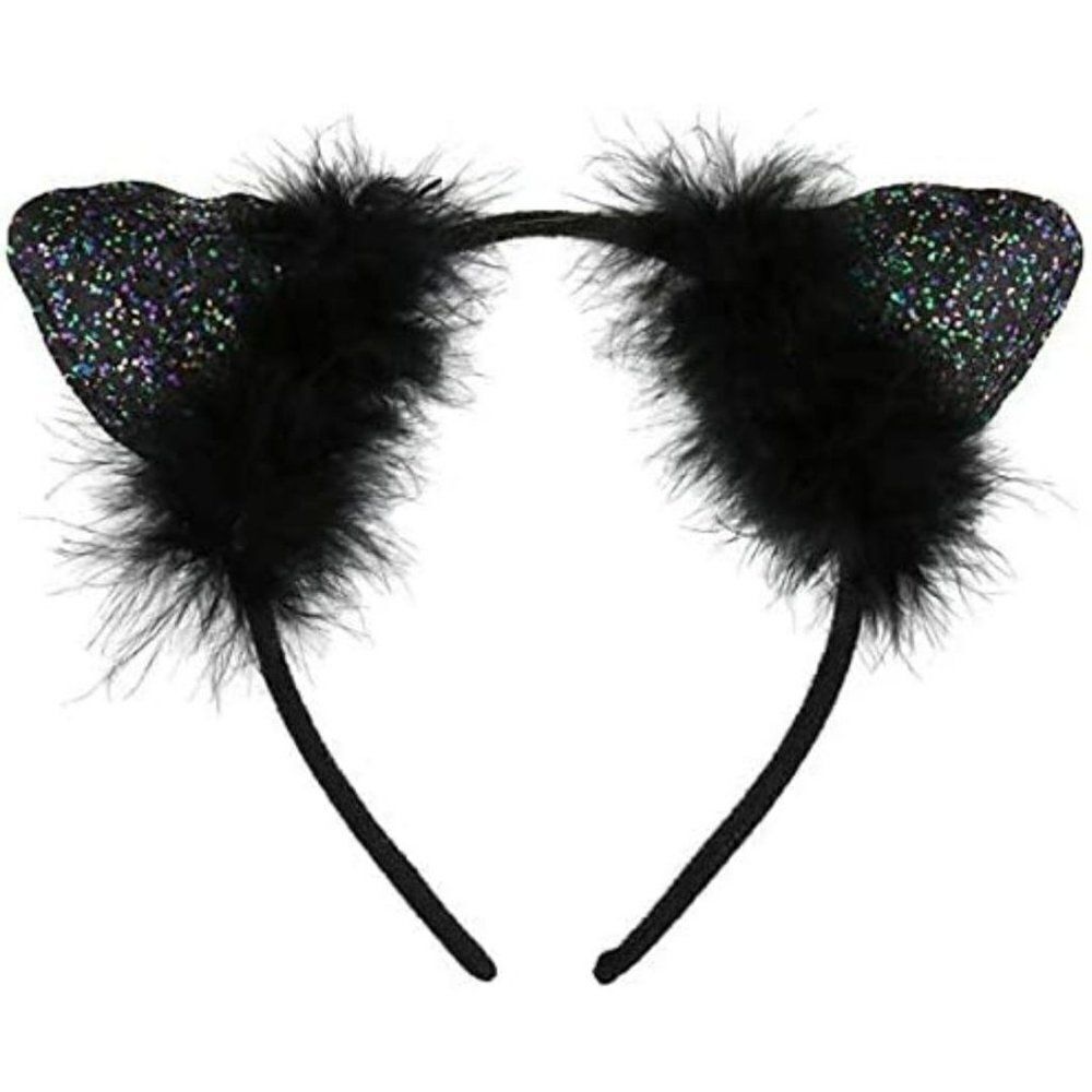 Sparkle Black Glitter Fuzzy Feathers Cat Ears Headband NWT